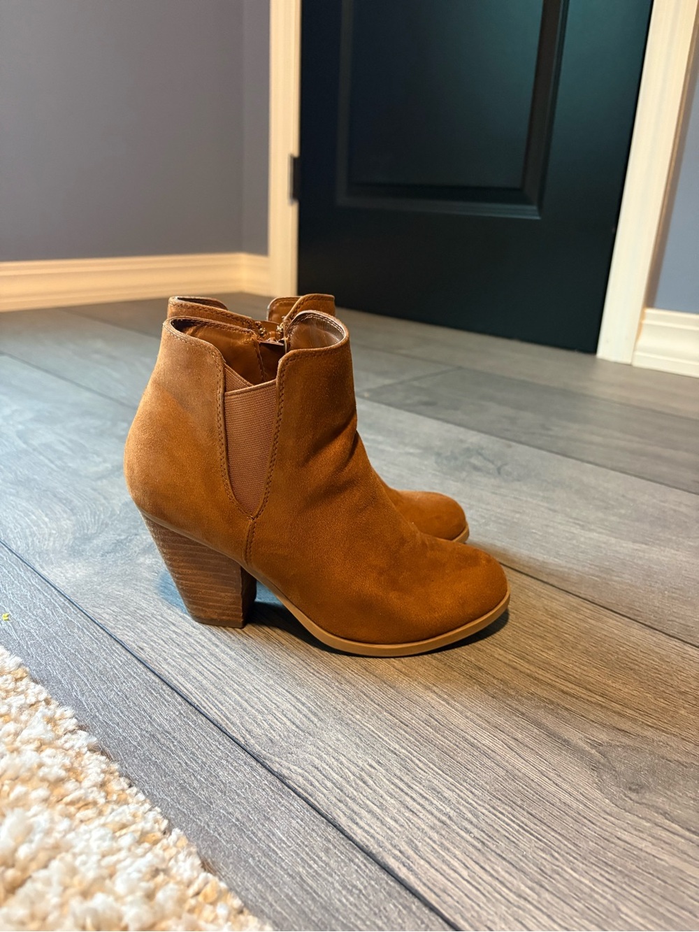 Mix No. 6 Tan Suede Ankle Booties with Stacked Heel
